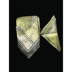 Green & White Geometric Patterned Silk Tie & Pocket Square Set T01 K